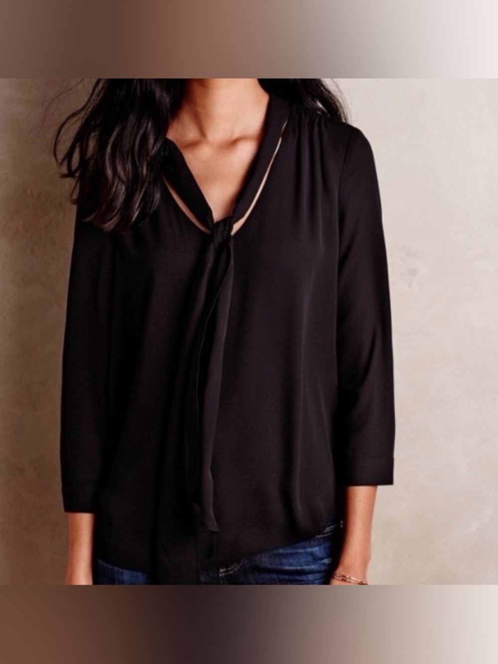 Anthropologie HD in Paris Astral Tie Neck Black‎ Chiffon Blouse size 4